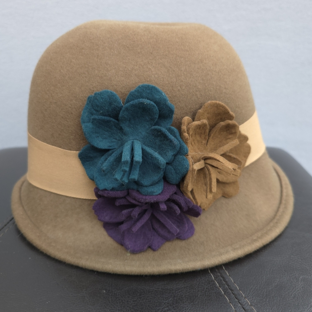 Scala Floral Embellished Tan 100% Wool Cloche Hat One Size